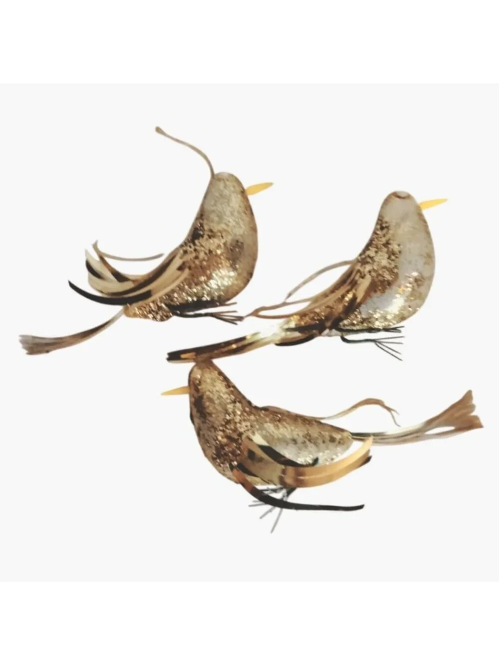 Gold Glitter Bird Ornaments Foil Feather Vintage Holiday Décor Lot 3